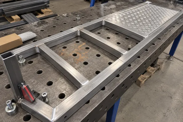 Aluminiowa rama najazdu z ryflowaną blachą na stole spawalniczym